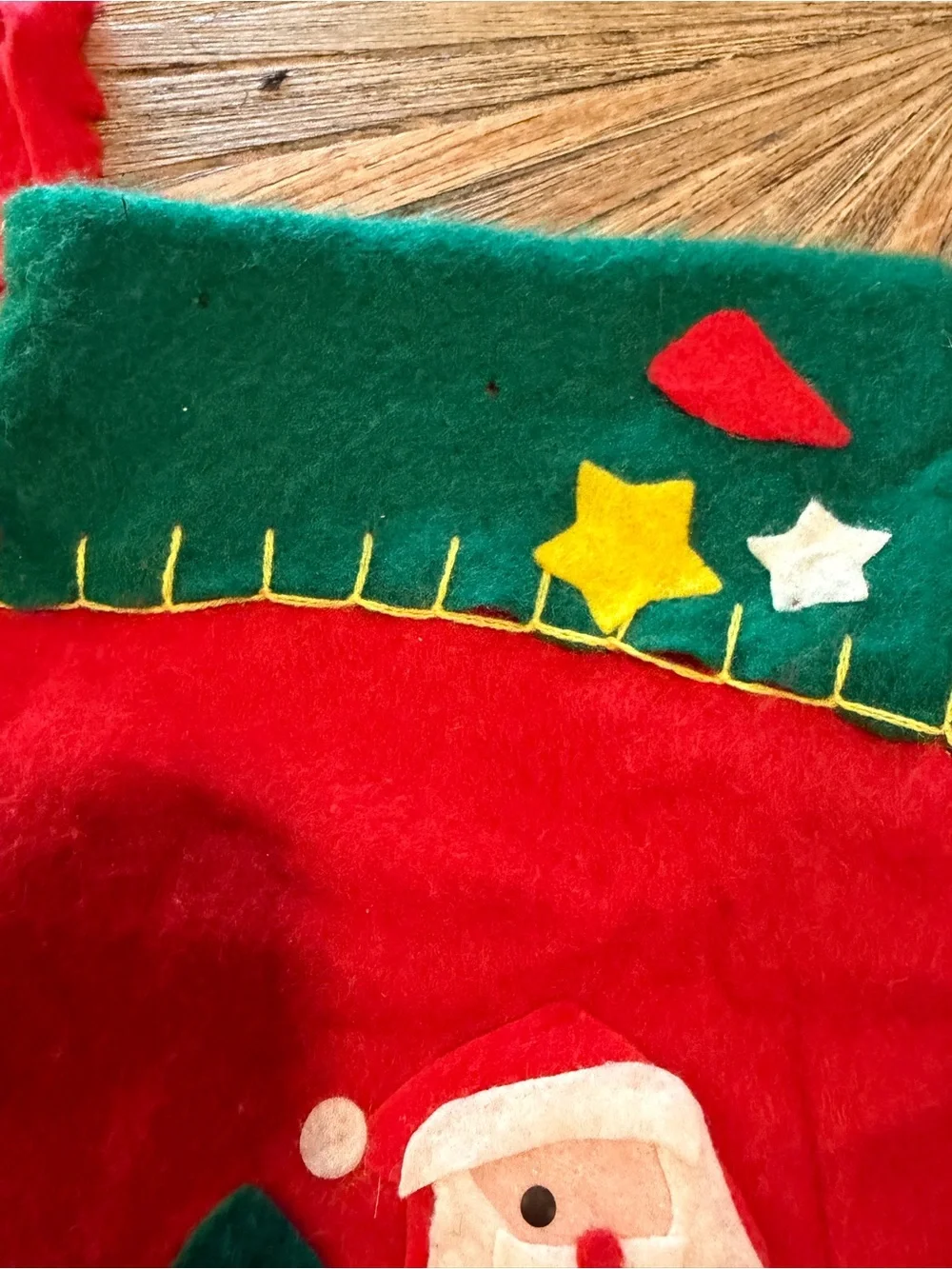 Pair of vintage felt appliqué Christmas stockings snowman and Santa